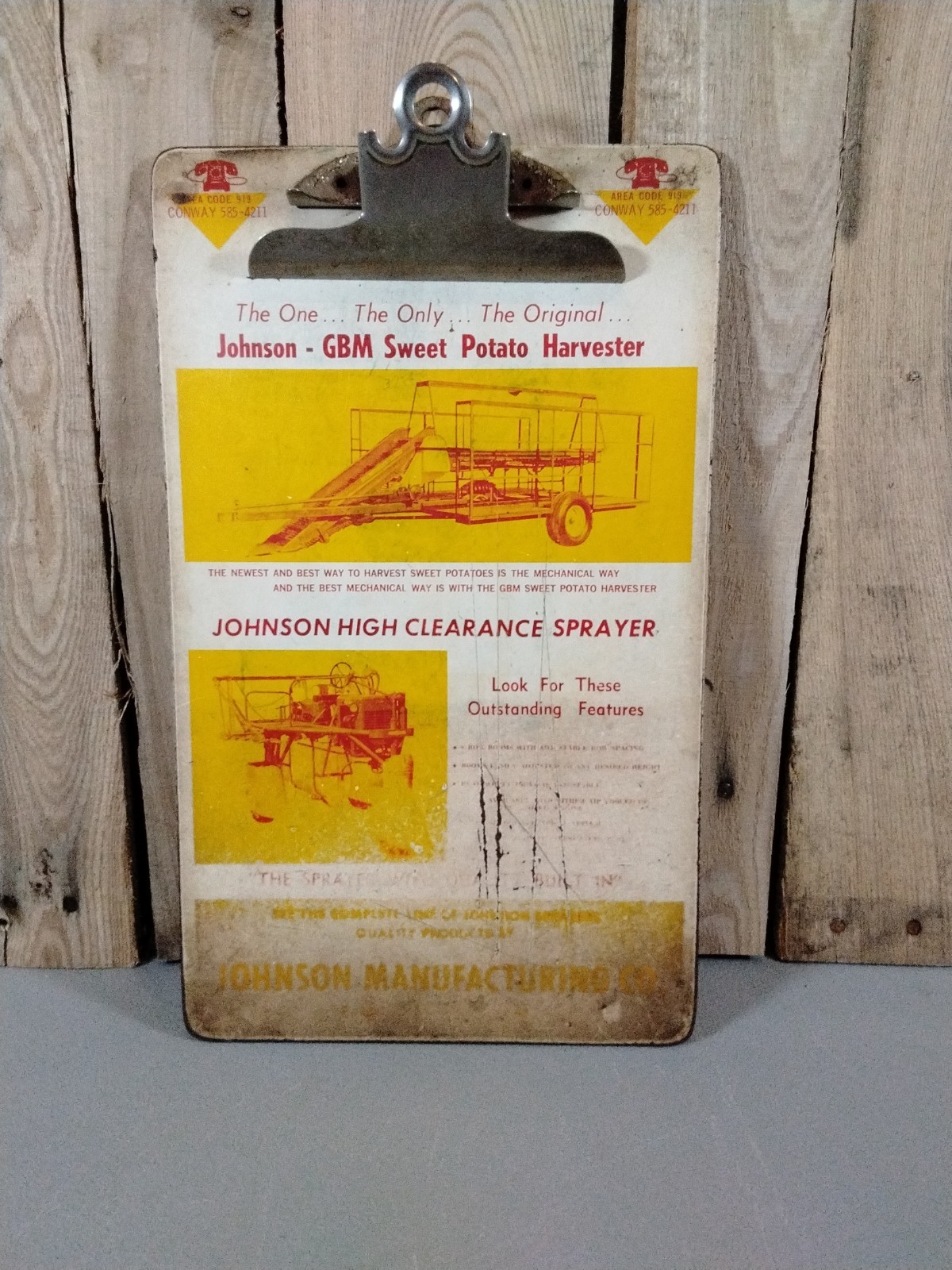 Vintage Johnson Manufacturing Farm Equipment Clipboard 9&Prime;X15&Prime;
