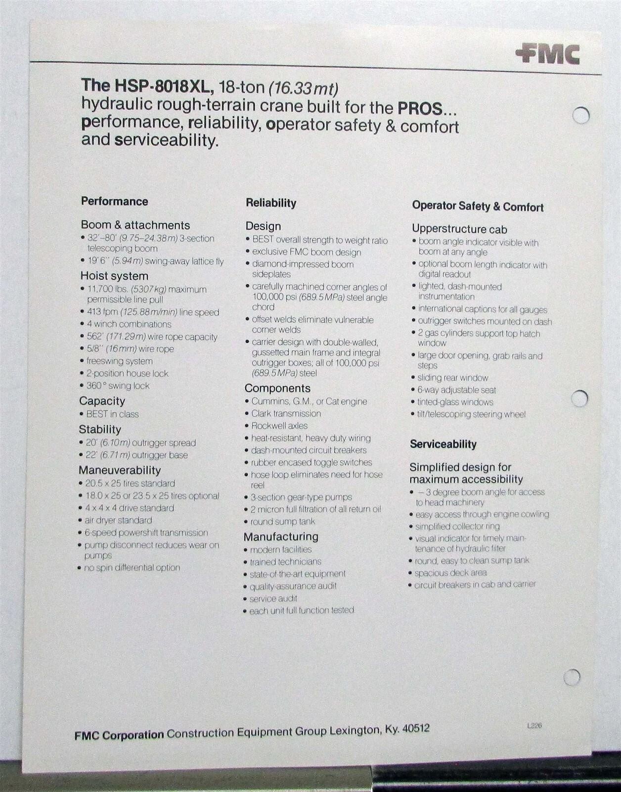1985 Link Belt Speeder Crawler HSP-8018XL Crane Specs Construction Data Sheet
