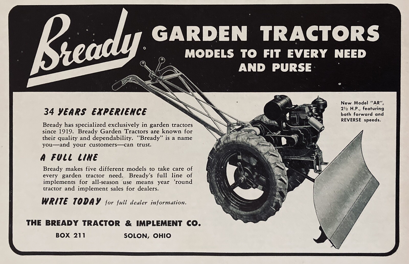 1953 AD.(XH21)~BREADY TRACTOR IMPLEMENT CO. SOLON, OHIO. BREADY GARDEN TRACTORS