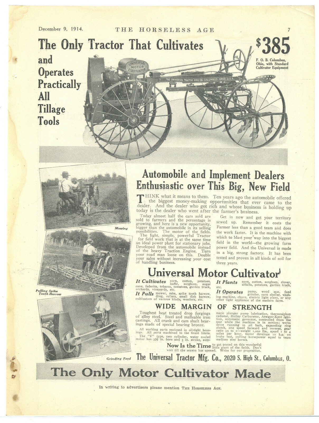 1914 Universal Tractor Company Ad – Columbus, Ohio – Motor Cultivator