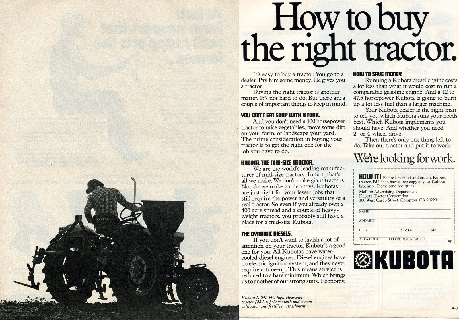 1978 2 Page Print Ad of Kubota l-245 HC Farm Tractor