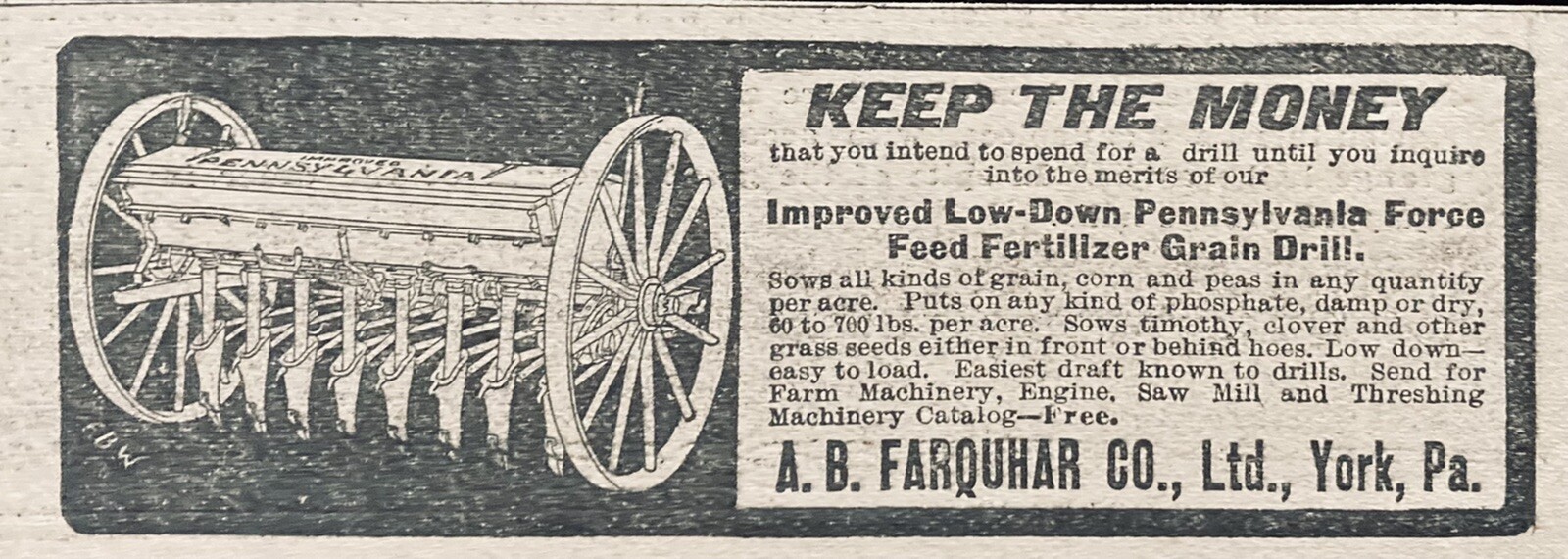 1902 AD.(XH27)~A.B. FARQUHAR CO. YORK, PA. FORCE FEED GRAIN DRILL