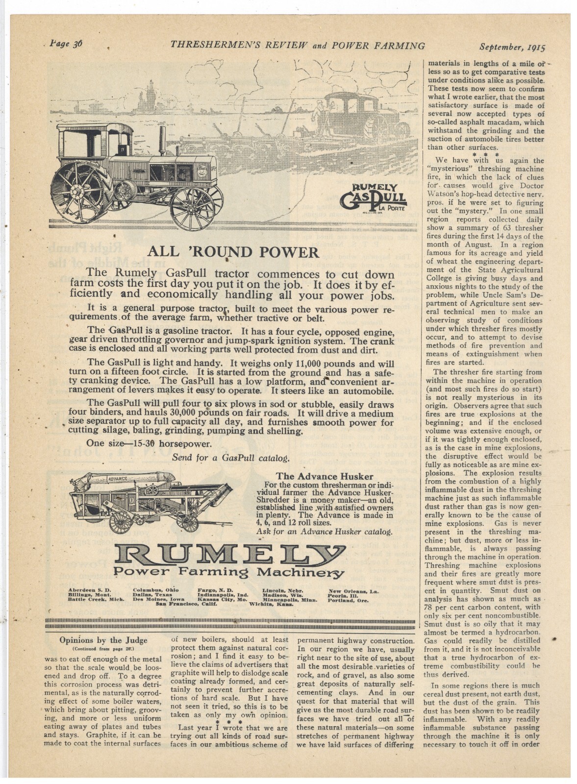 1915 Rumely Power Farming Machinery Ad: Gas Pull Tractor – La Porte, Indiana
