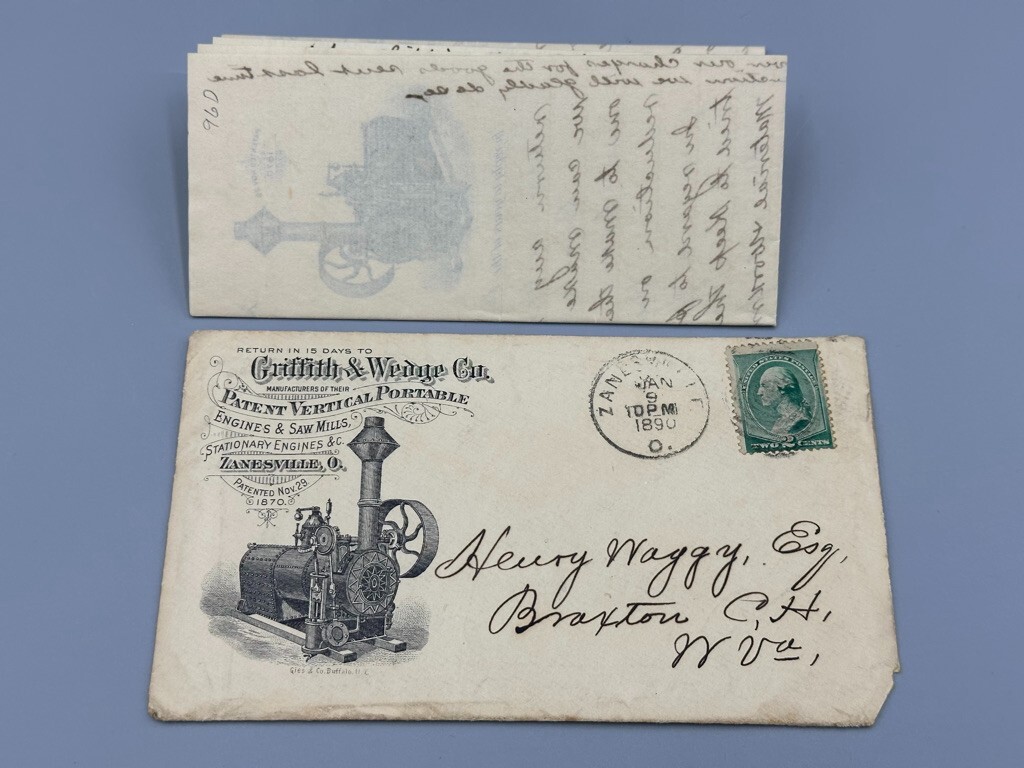 1890 Griffith & Wedge ENGINES SAW MILL Advertise FARM Postal Cover ZANESVILLE OH