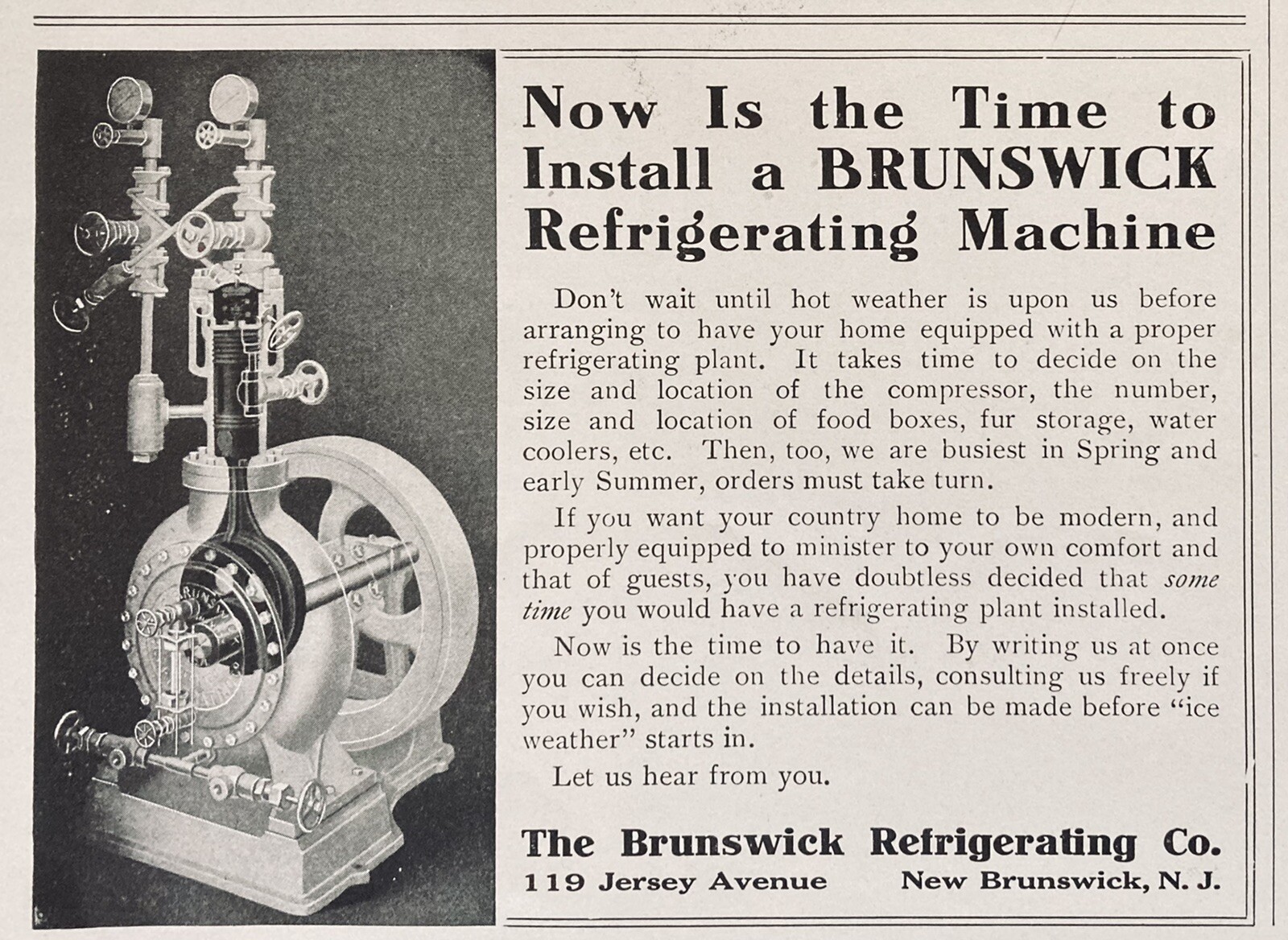 1910 AD.(XH46)~BRUNSWICK REFRIGERATION CO. NEW BRUNSWICK, NJ. HOME REFRIGERATION