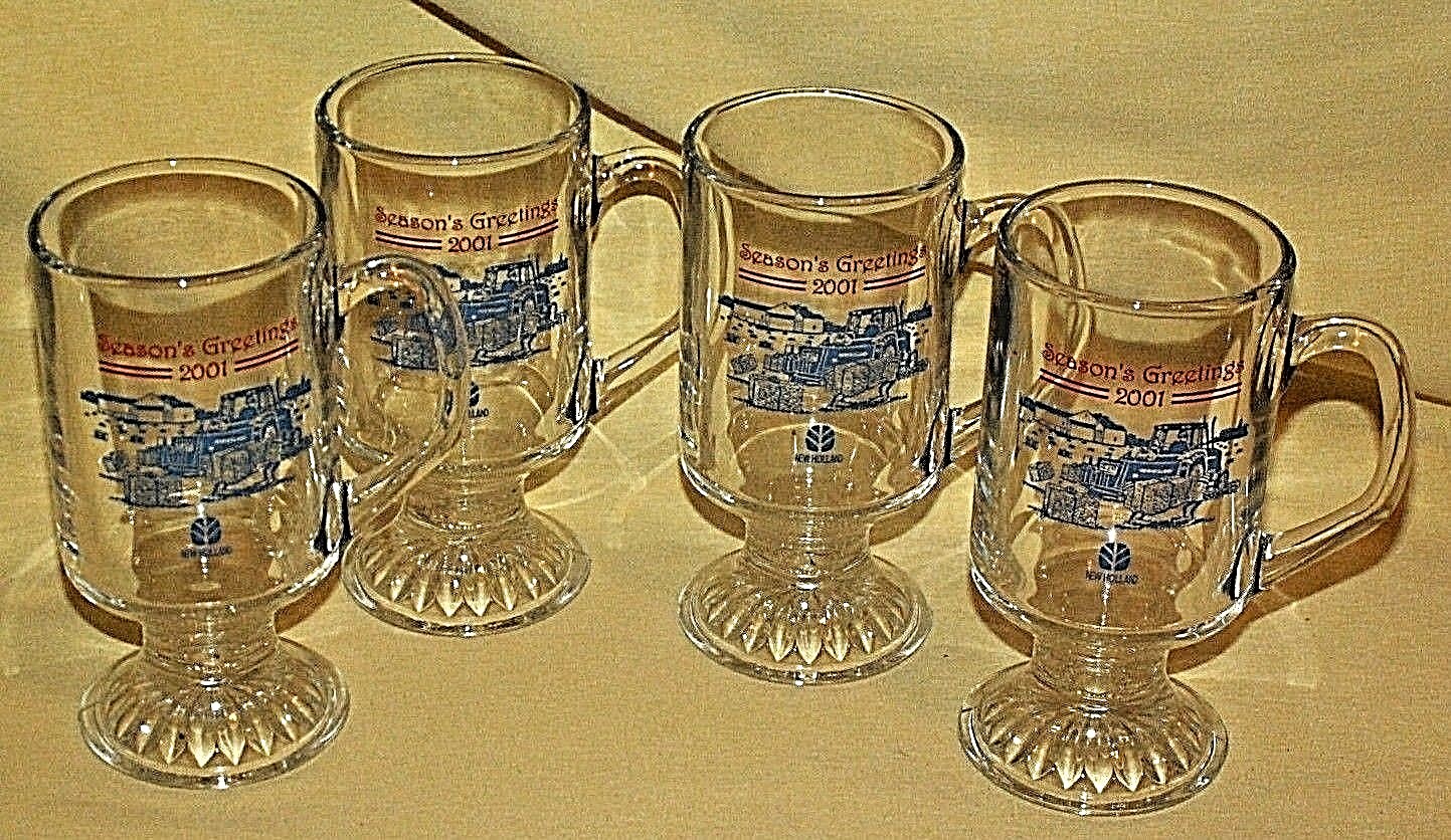 New Holland Glasses 4 Pc Christmas Seasons Greeting Santa Tractor Pedestal 2001