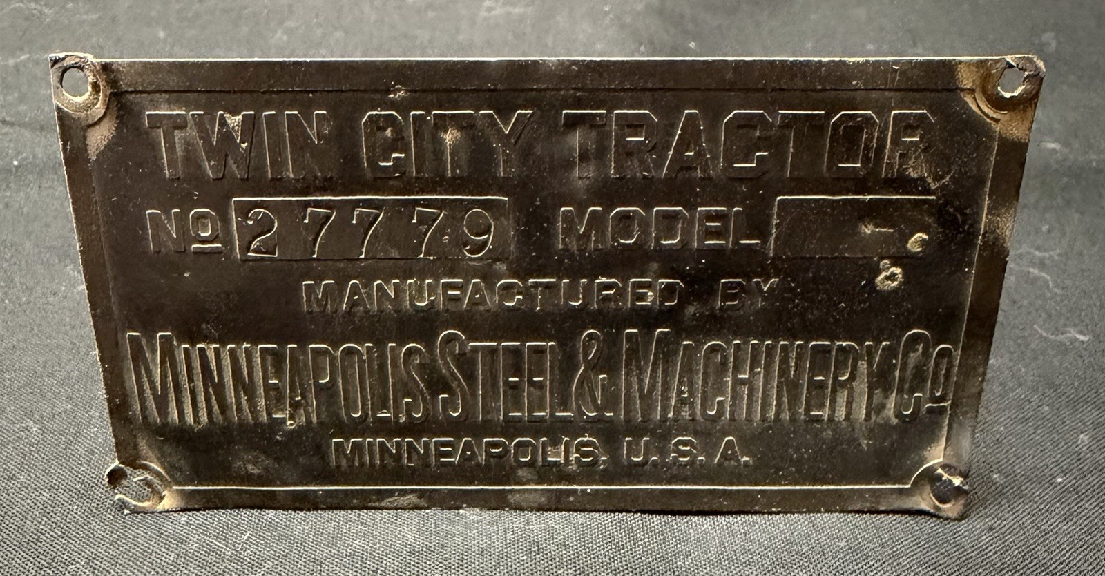 Early Brass Twin City Tractor Name Plate Minneapolis Steel & Machinery Co