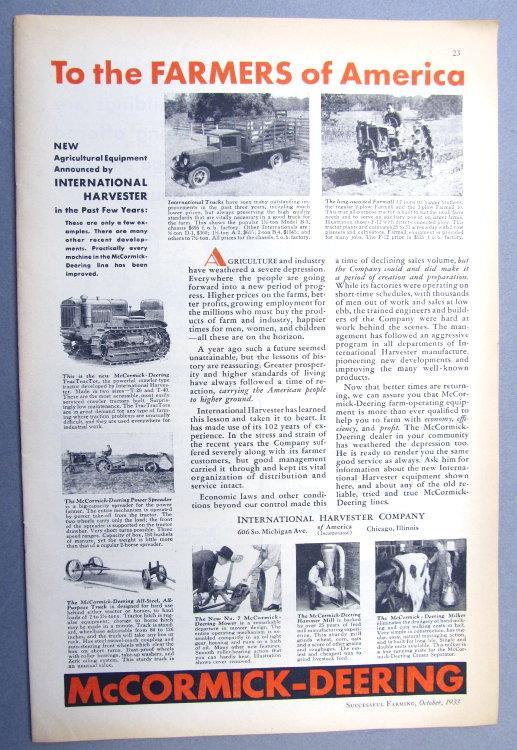 Original 1933 International Ad TO THE FARMERS OF AMERICA Tractors, Trucks & More