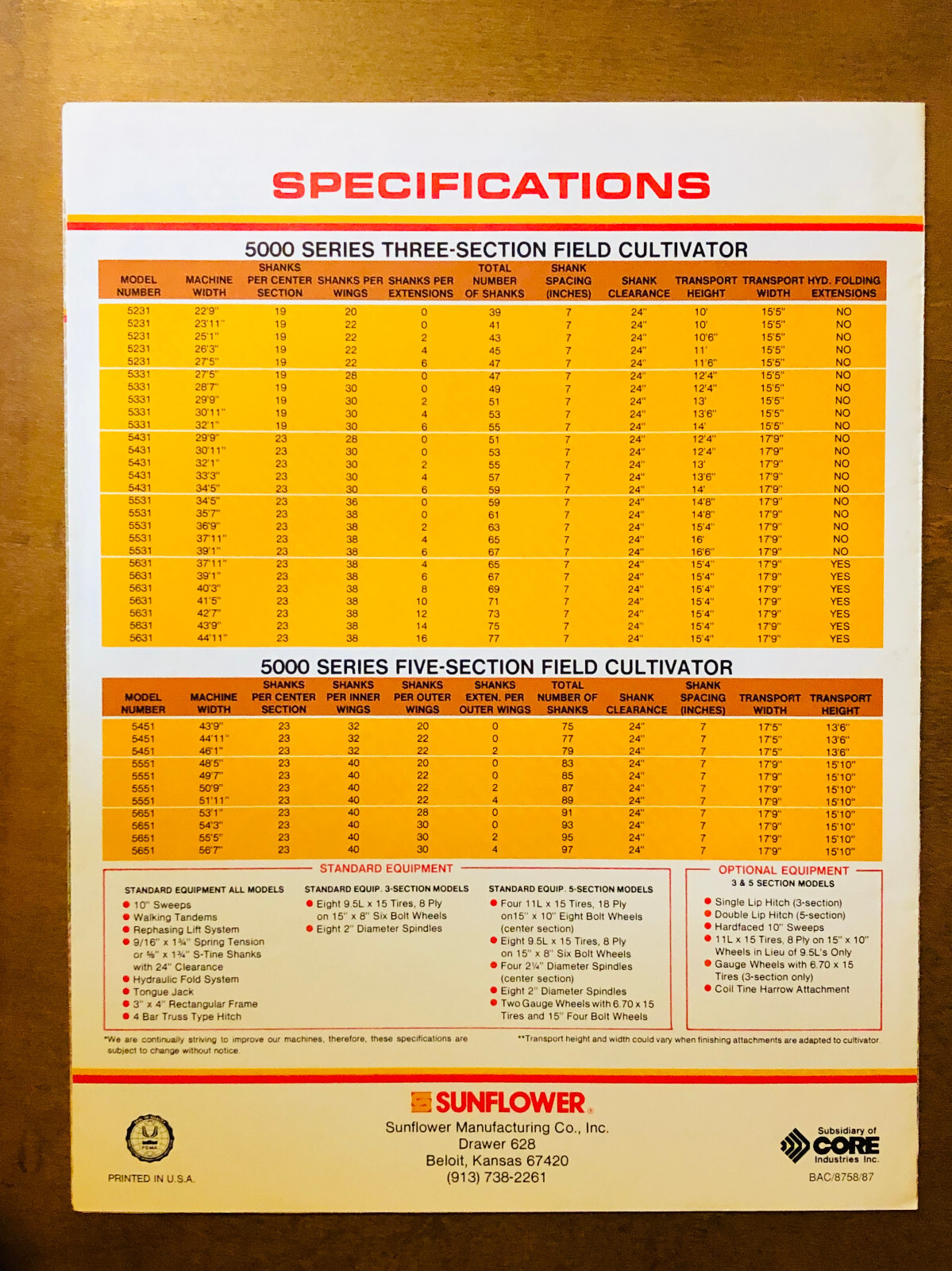 Original 1987 SUNFLOWER 5000 Series Field Cultivators Sales/Specs Brochure