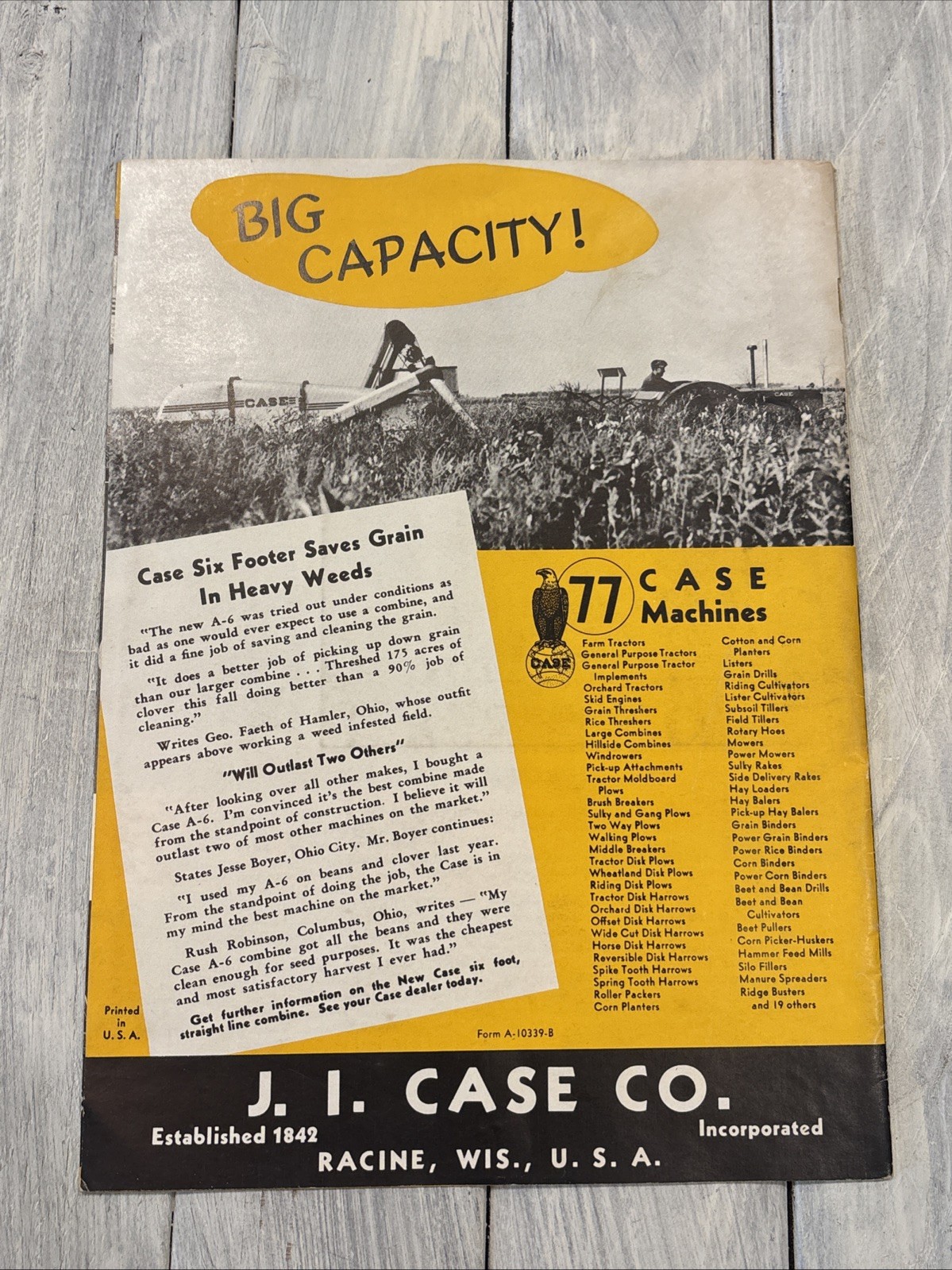 Vintage 1938 Case A-6 Combine – A Big Capacity Six Footer – Sales Brochure