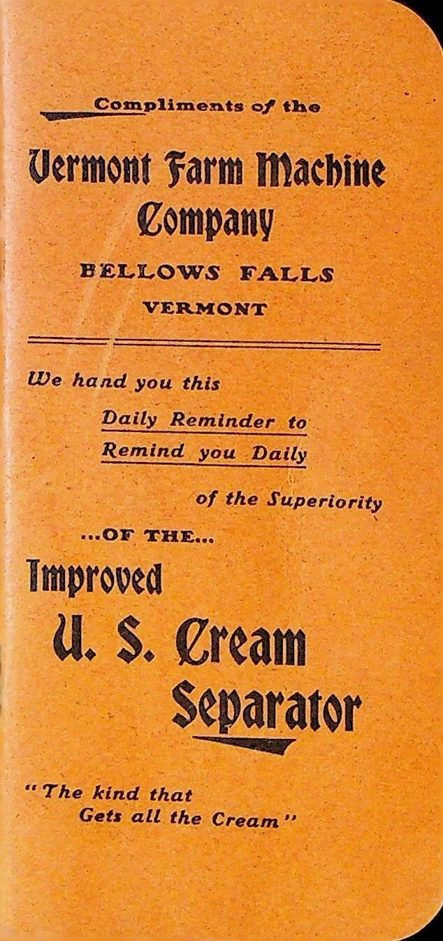 Vermont Farm Machine Company Memo Book 1903 Bellows Falls US Cream Separator