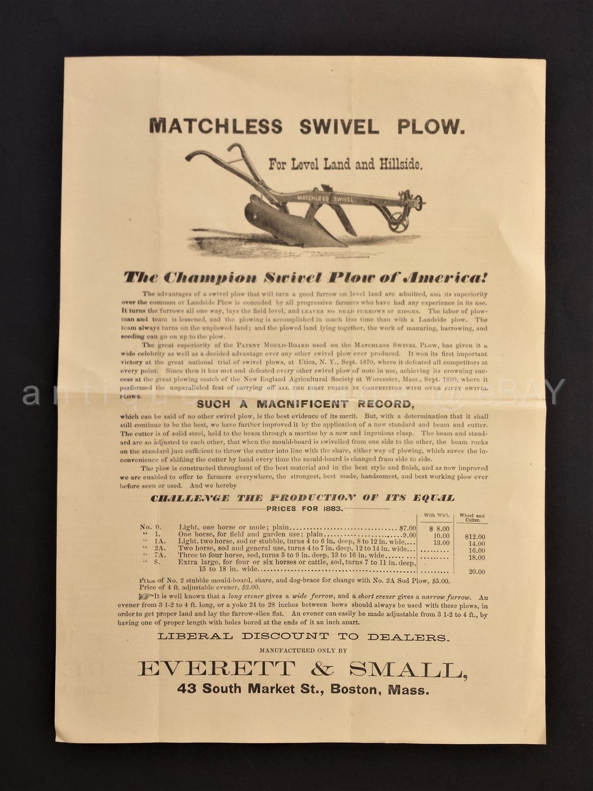 1883 antique MATCHLESS SWIVEL PLOW farm tool AD PRICES everett small boston ma