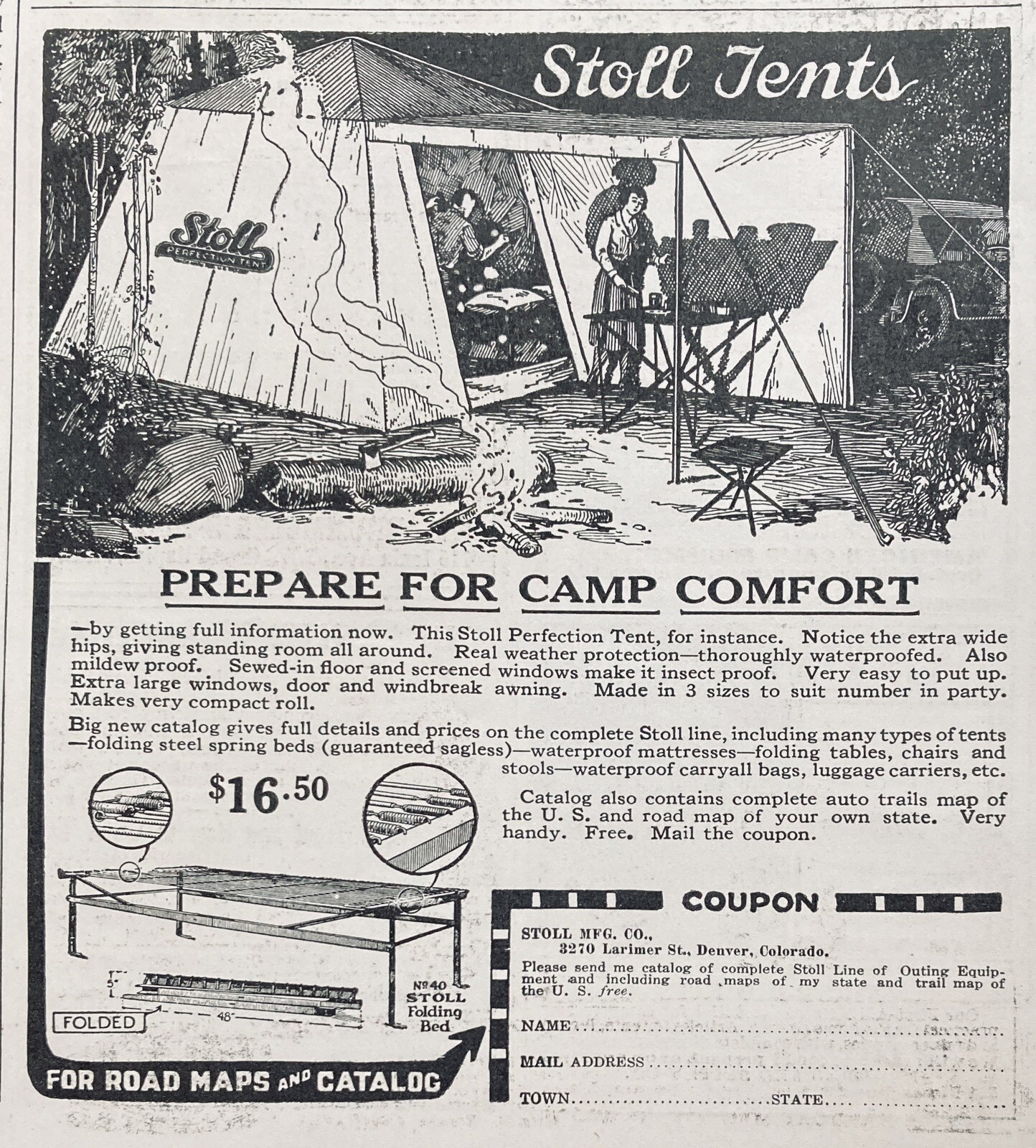 1924 AD(XF6)~STOLL MFG. CO. DENVER, CO. STOLL CAMPING TENTS AND FOLDING BED