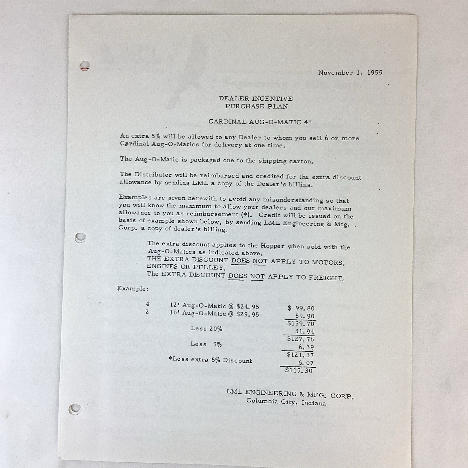 LML Engineering & Mfg. Cardinal Products Dealer Incentive Purchase Plan 1955
