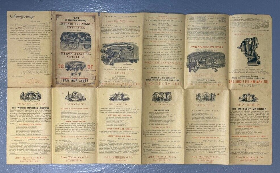 1891 Amos WHITELEY Farm HARVESTING MACHINES Mower Binder Advertising Circular