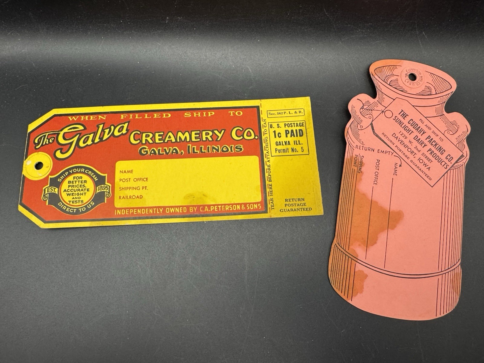 Antique Dairy Farm Cream Galva Illinois Tags NOS Davenport Iowa Advertising