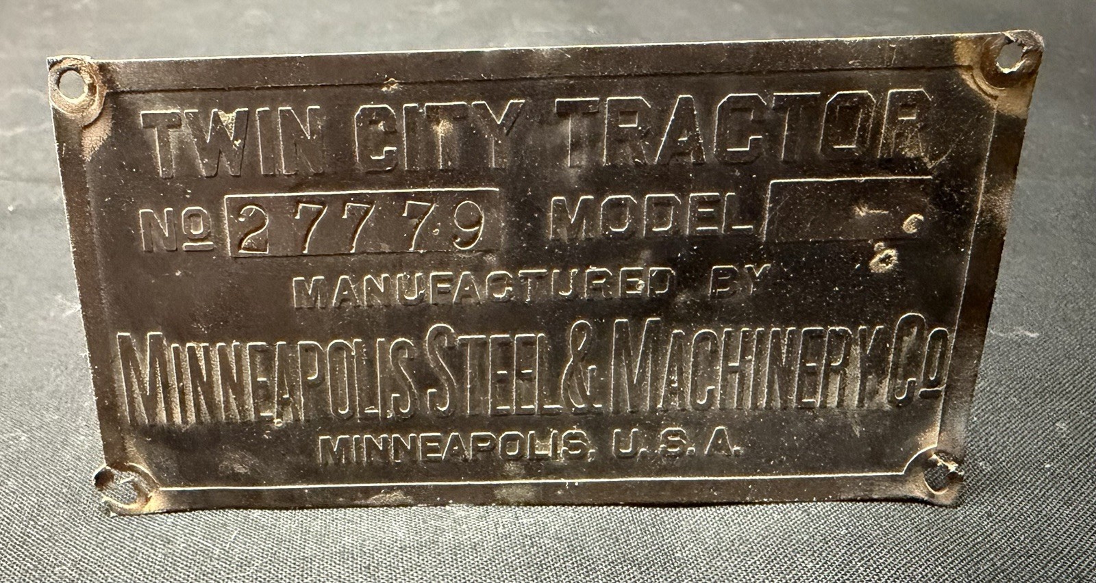 Early Brass Twin City Tractor Name Plate Minneapolis Steel & Machinery Co