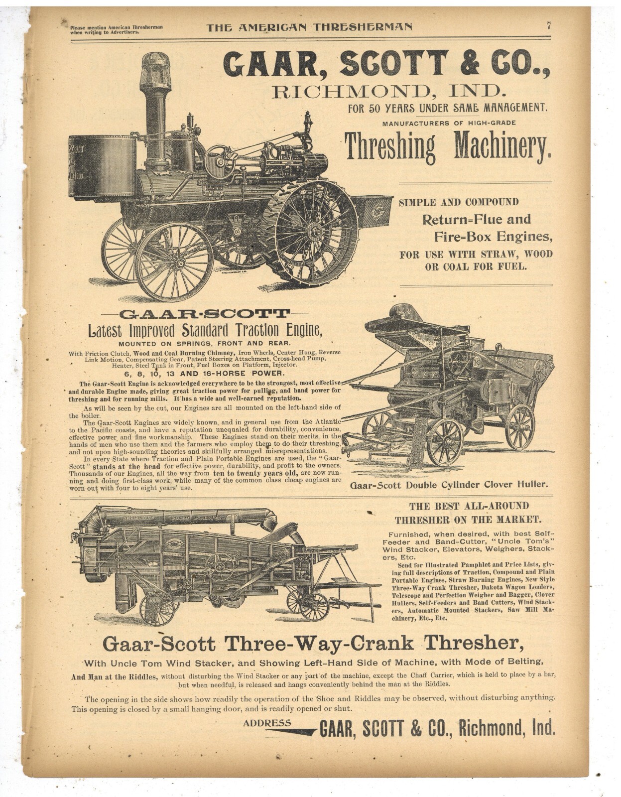 1898 Gaar Scott & Co. Ad: Standard Traction Engine, Clover Huller – Richmond IN