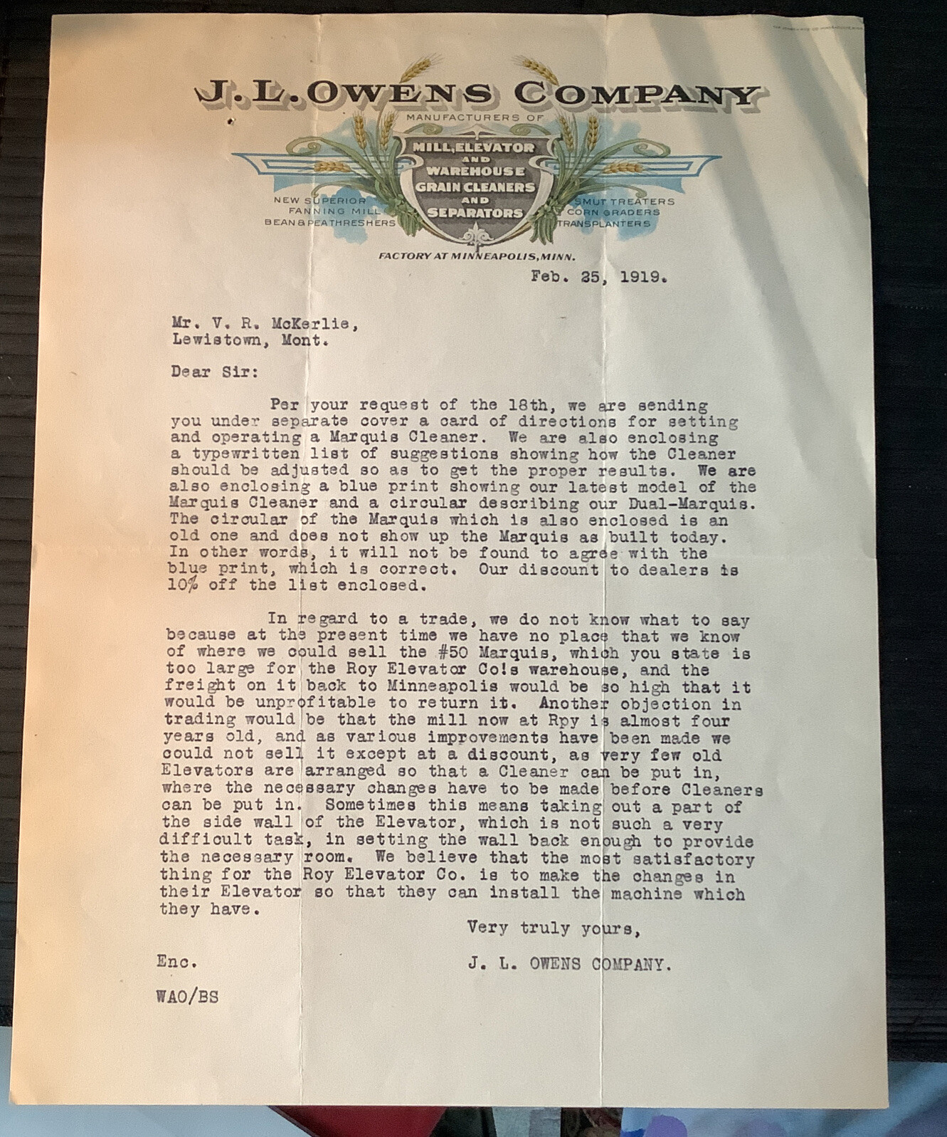 Letterhead Minneapolis MN 1919 J. L. Owens Co. Farm Farmer Mills Grain Feed