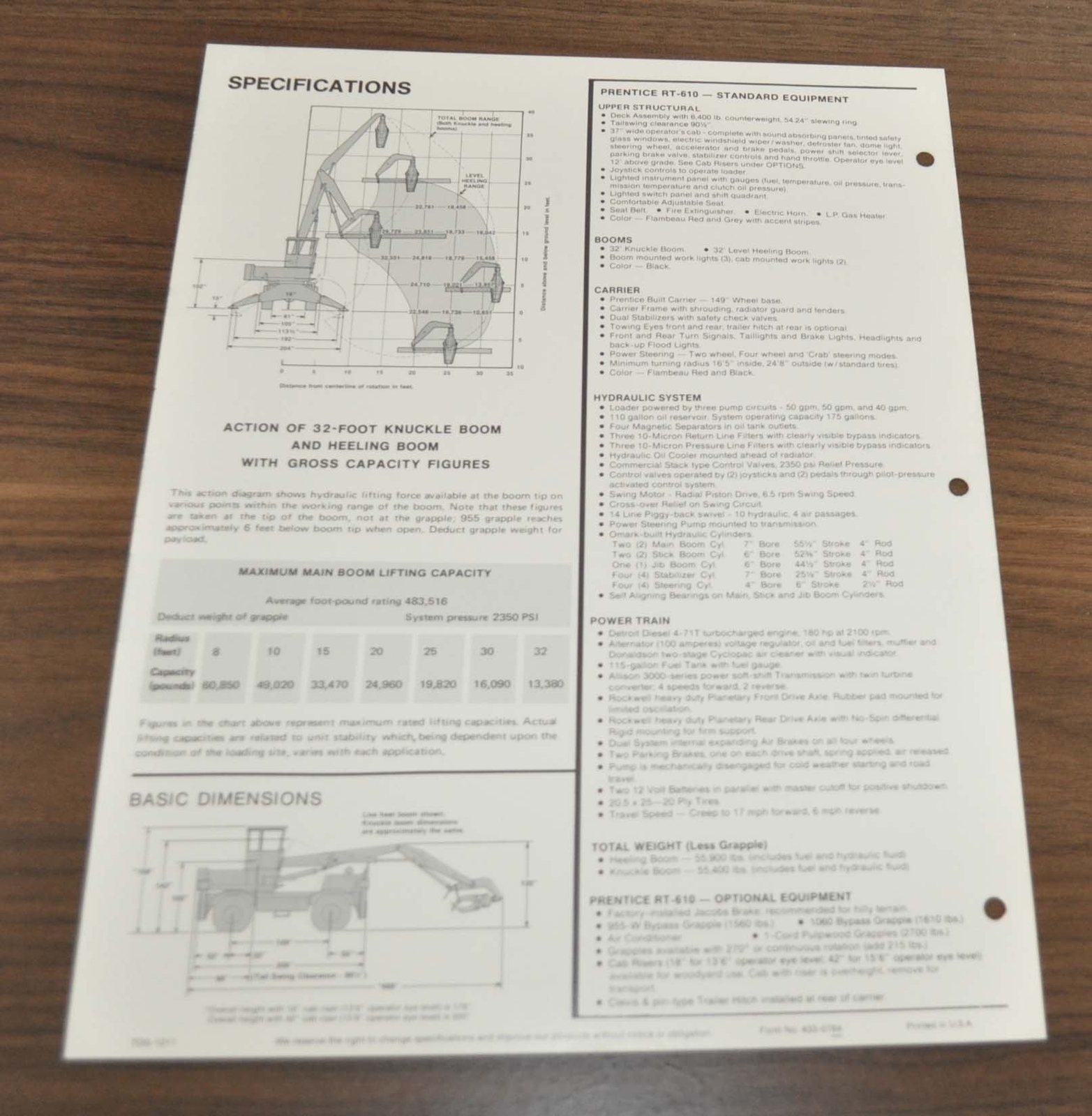 Prentice RT-610 Logging Truck Hydraulic Crane Specifications Brochure Prospekt