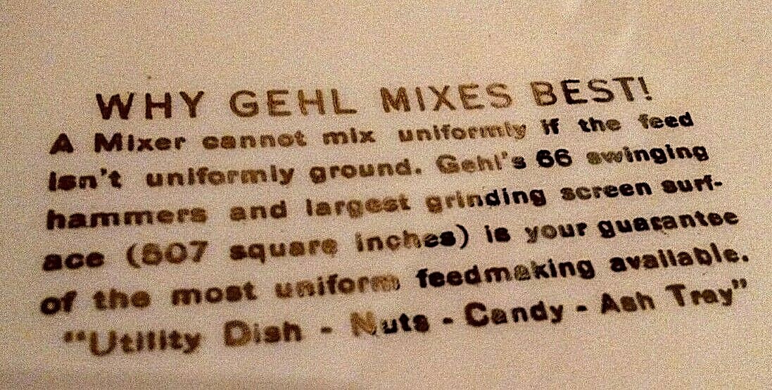 GEHL 66 MIX ALL MIXER ASHTRAY DISH CANDY NUT VINTAGE WHITE CERAMIC FARM SCENE.