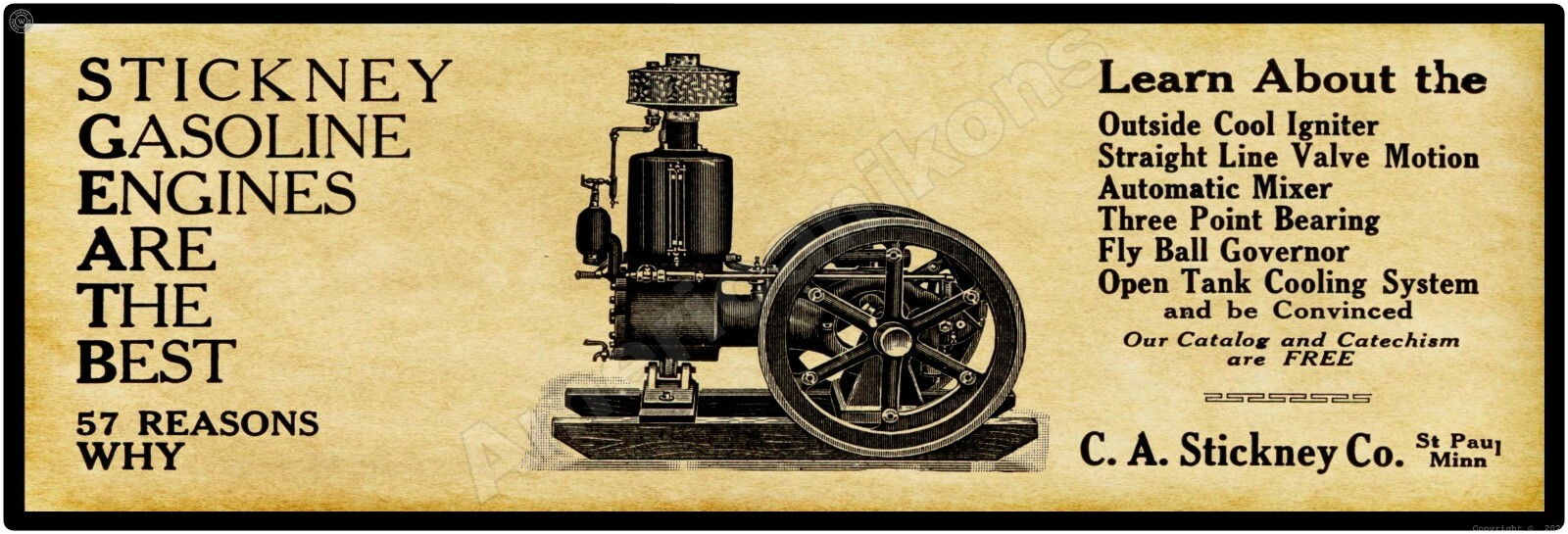 1910 Stickney Gas Engines New Metal Sign, 12&Prime; x 36&Prime; USA STEEL XL Size – 4 lbs
