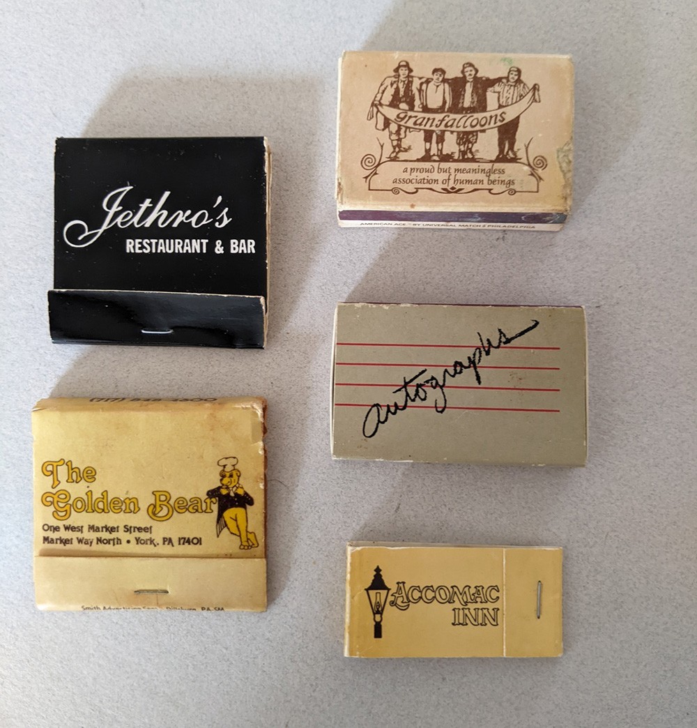 Vtg 5 York, PA Matchbooks, Autographs Accomac Granfalloons GoldenBear Jethros