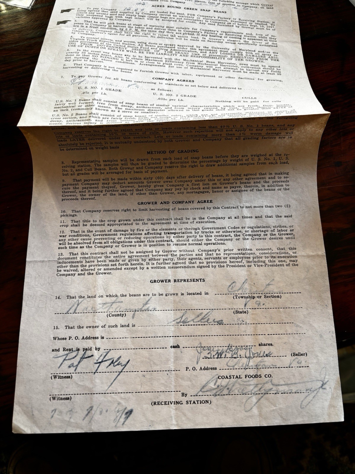 1957 Snap Bean Contract Jones Bros Cheriton ESVA & Coastal Foods Agriculture Adv