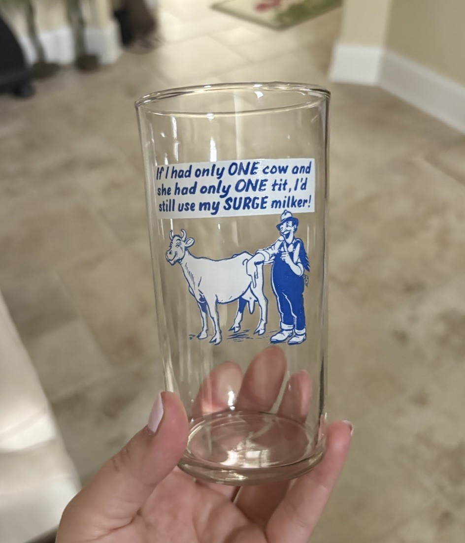 Vintage Surge Milker Dairy Advertising Drinking Glass Farmer Cow One Tit Slogan