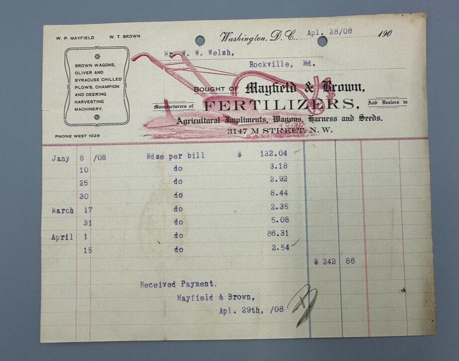 1908 OLIVER PLOW Washington DC Mayfield & Brown Antique Farm Advertising Receipt