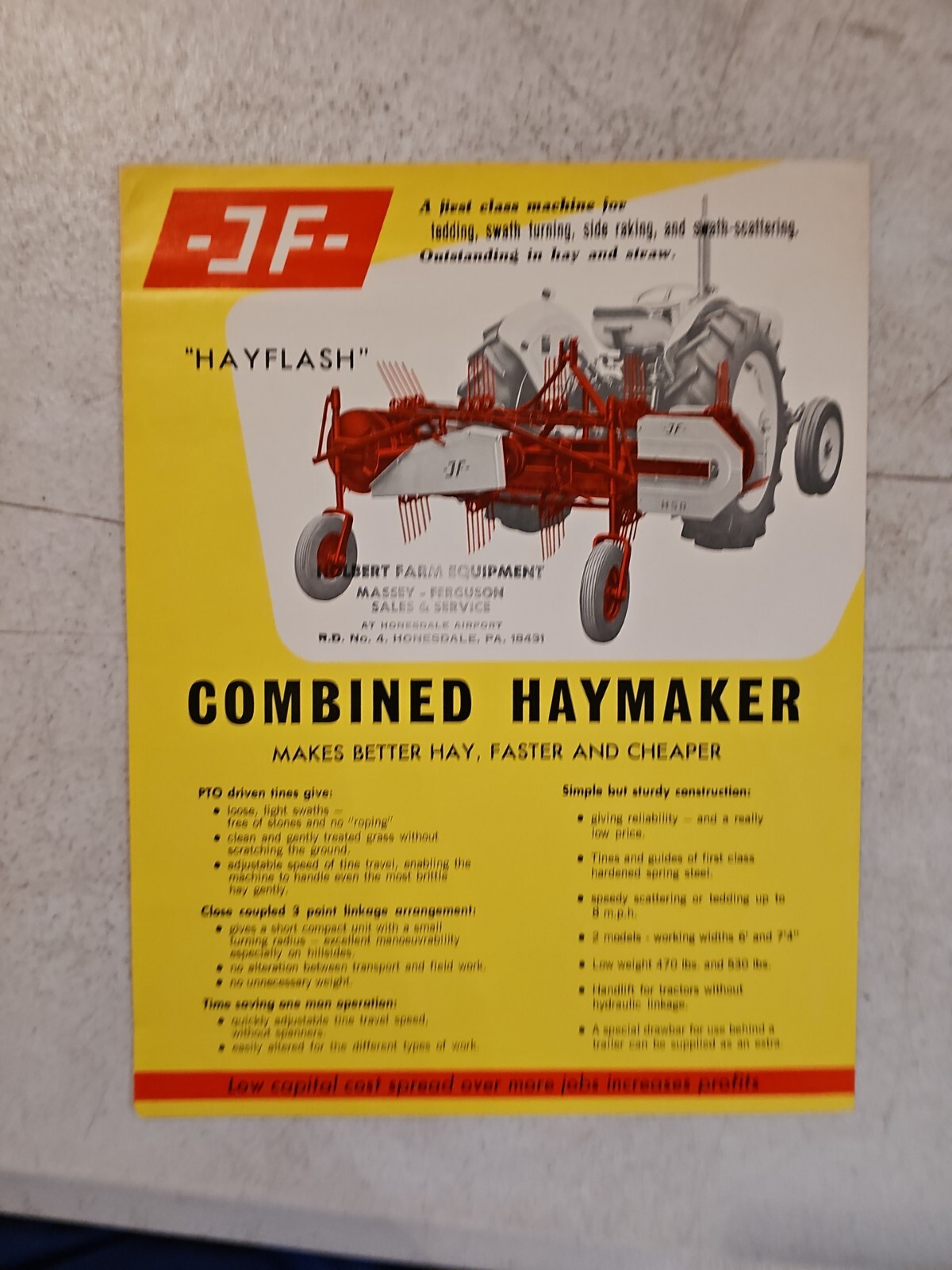 VINTAGE JF COMBINED HAYMAKER SALES BROCHURE FLYER Farm ADVERTISING