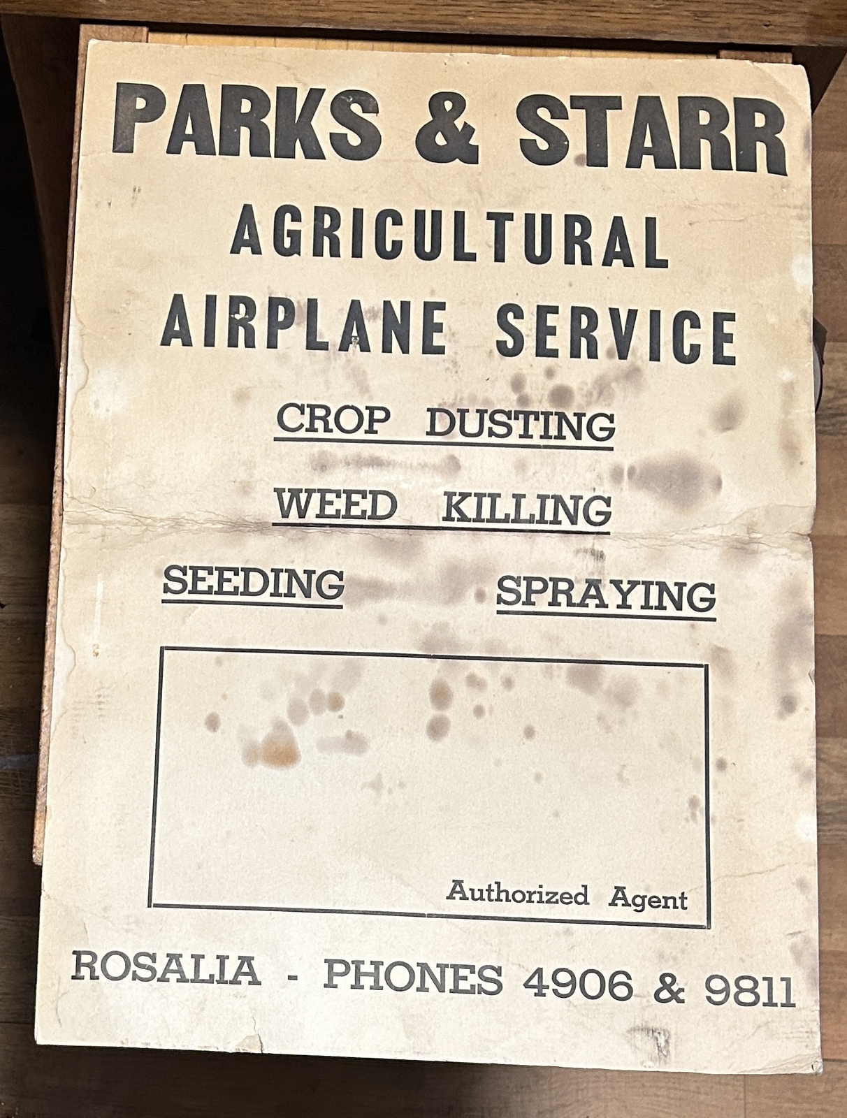 ROSALIA WA PARKS & STARR CROP DUSTER AIRPLANE SERVICE SIGN PALOUSE WHEAT FARMS