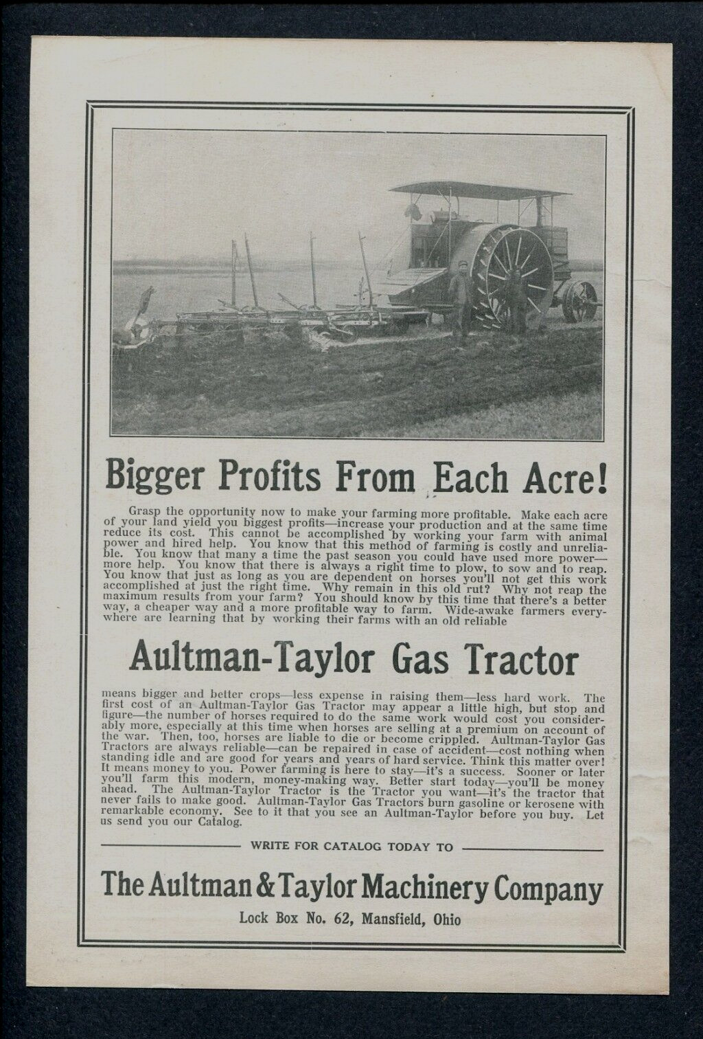 1915 Aultman-Taylor Gas Tractor Ad Plowing Mansfield Ohio