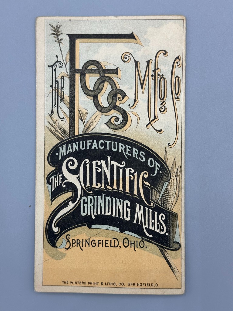 1880s FOOS Mfg SCIENTIFIC MILL Farm Folding Advertise Trade Card SPRINGFIELD OH