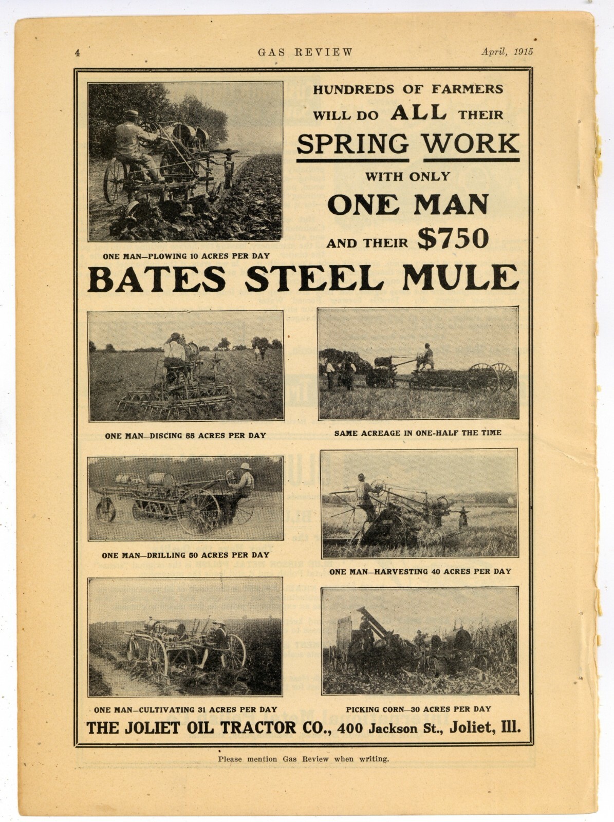 1915 Joliet Oil Tractor Co. Ad: Bates Steel Mule Crawler Tractor – Joliet, IL