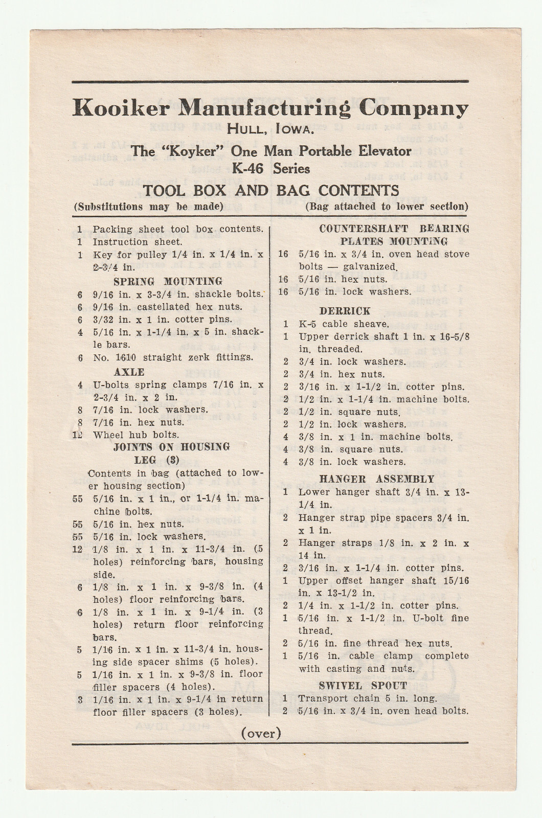 Koyker Mfg. Co., Hull, Iowa, IA – Lot of Instructions for Agricultural Equipment