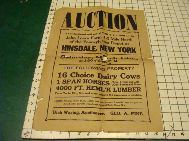 Original Vintage folded BROADSIDE — AUCTION — Hinsdale NY, 16 choice Dairy Cow
