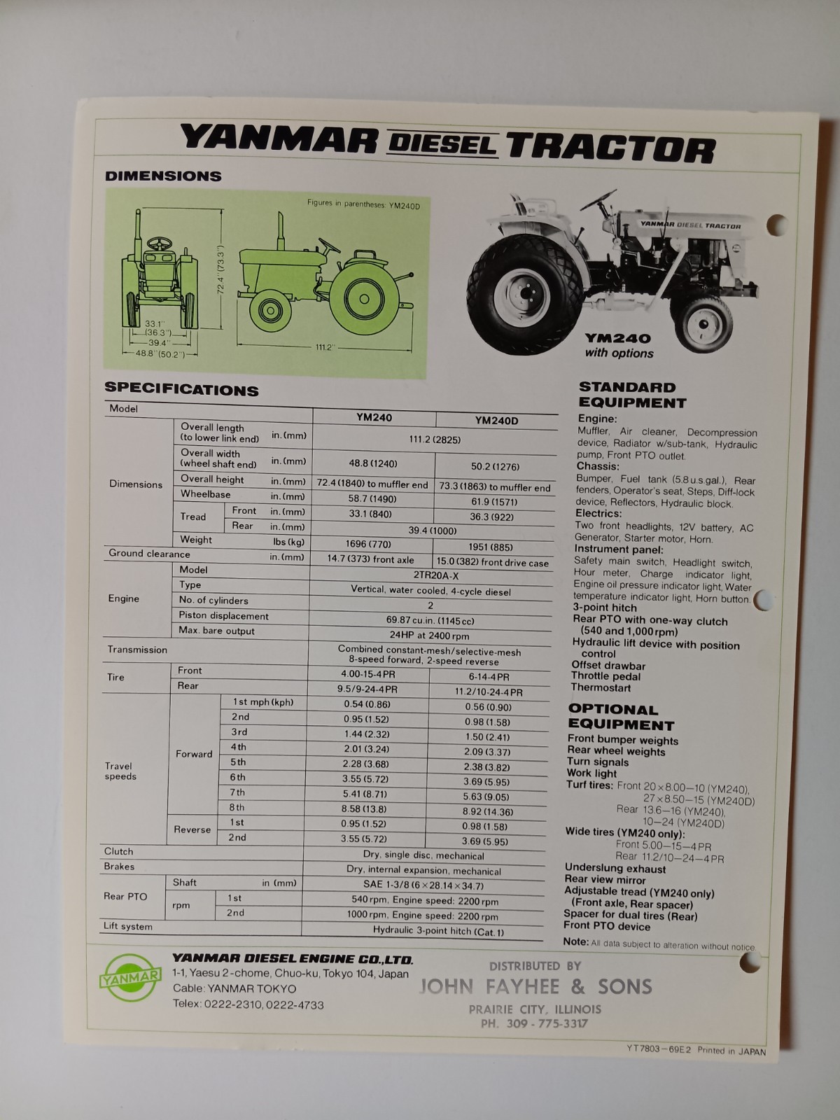 Yanmar YM240, YM 240D Diesel Tractor Spec Sales Sheet Flyer Farm Equipment Agri