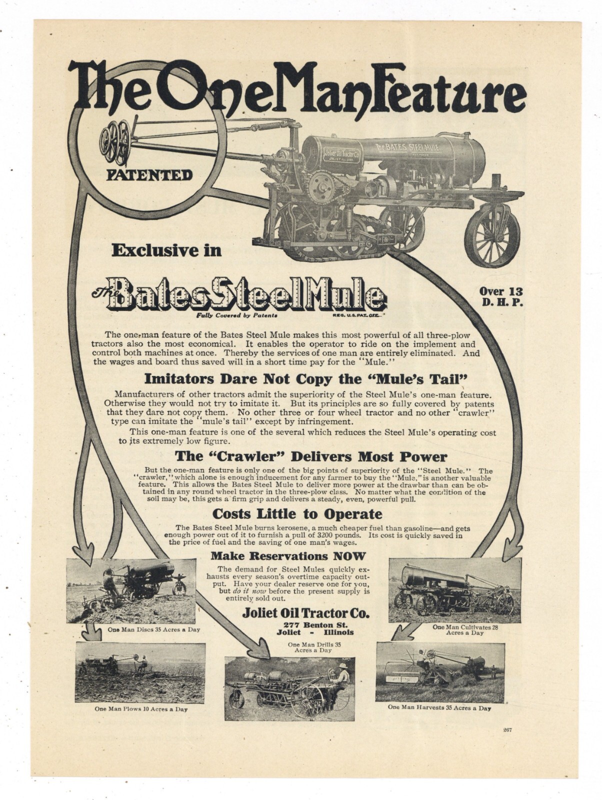 1917 Joliet Oil Tractor Co. Ad: Bates Steel Mule – The One Man Feature