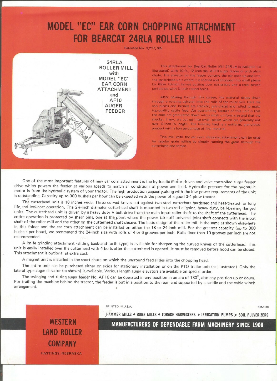 Original Bearcat Models 12R 18R 24RLA Grain Roller Mills Sales Brochure # RM7-78