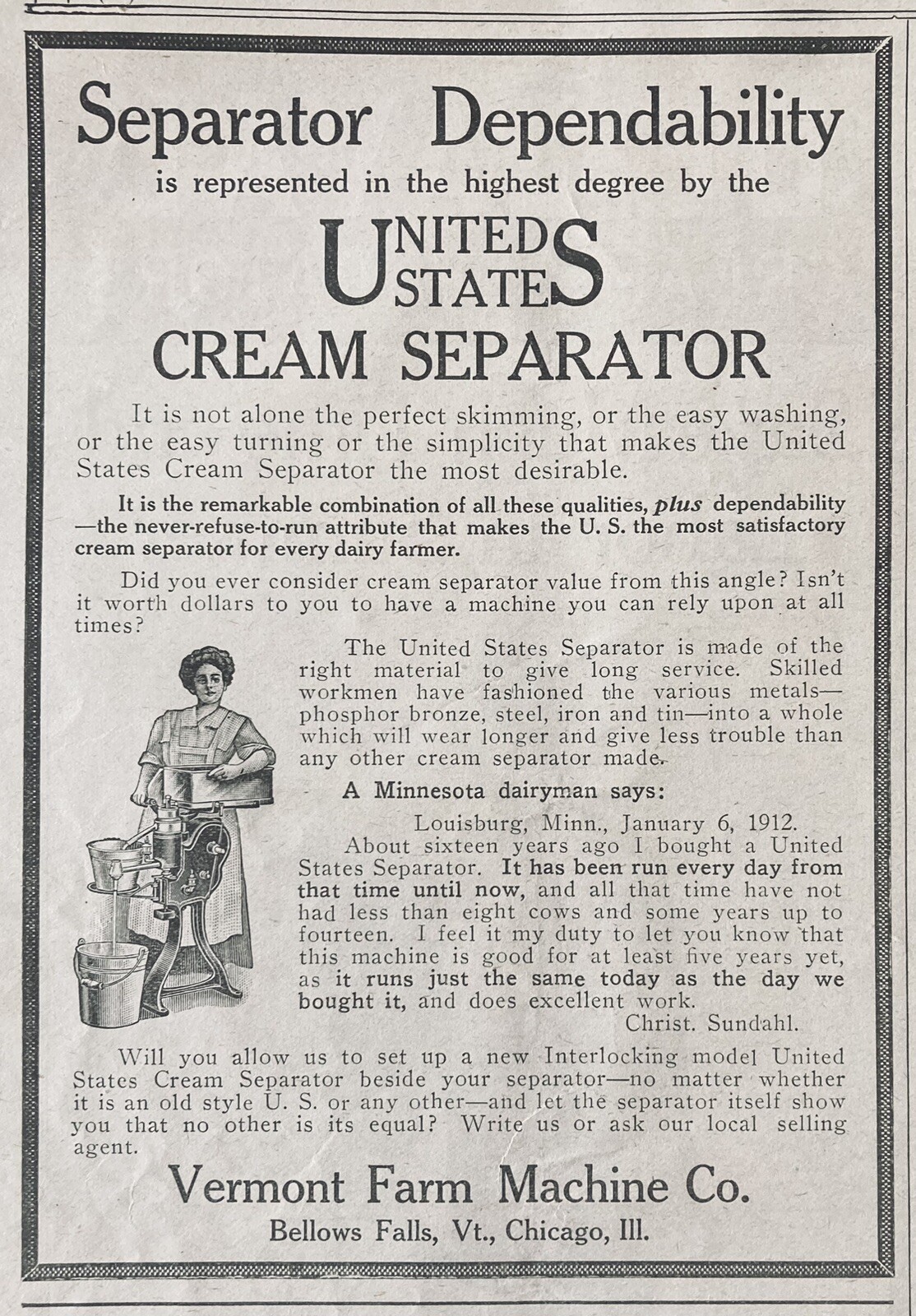 1912 AD.(XH66)~VERMONT FARM MACHINE CO. BELLOWS FALLS. U.S. CREAM SEPARATOR