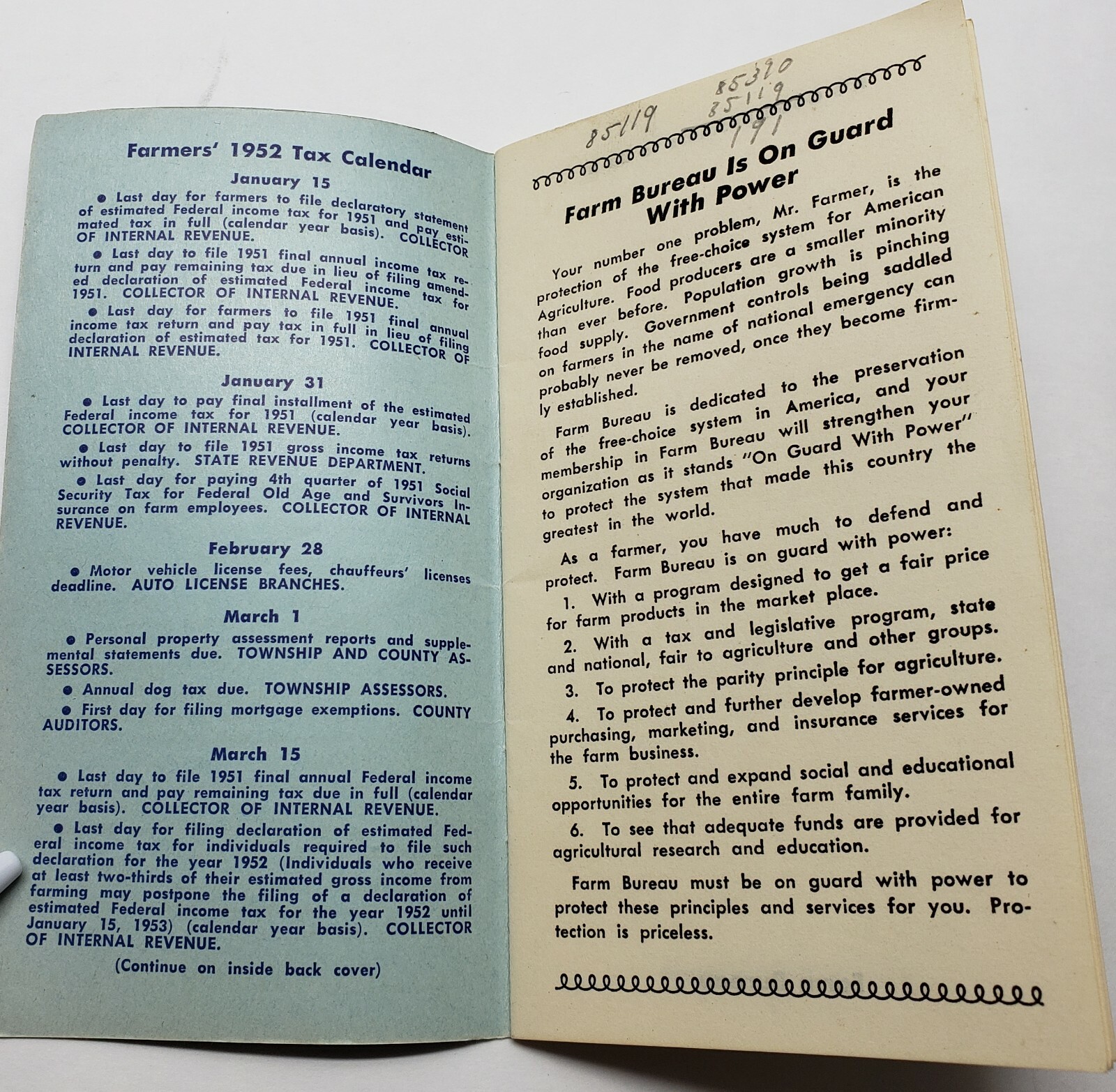 VINTAGE 1952 INDIANA FARM BUREAU AND AFFILIATES BOOKLET TAX CALENDAR