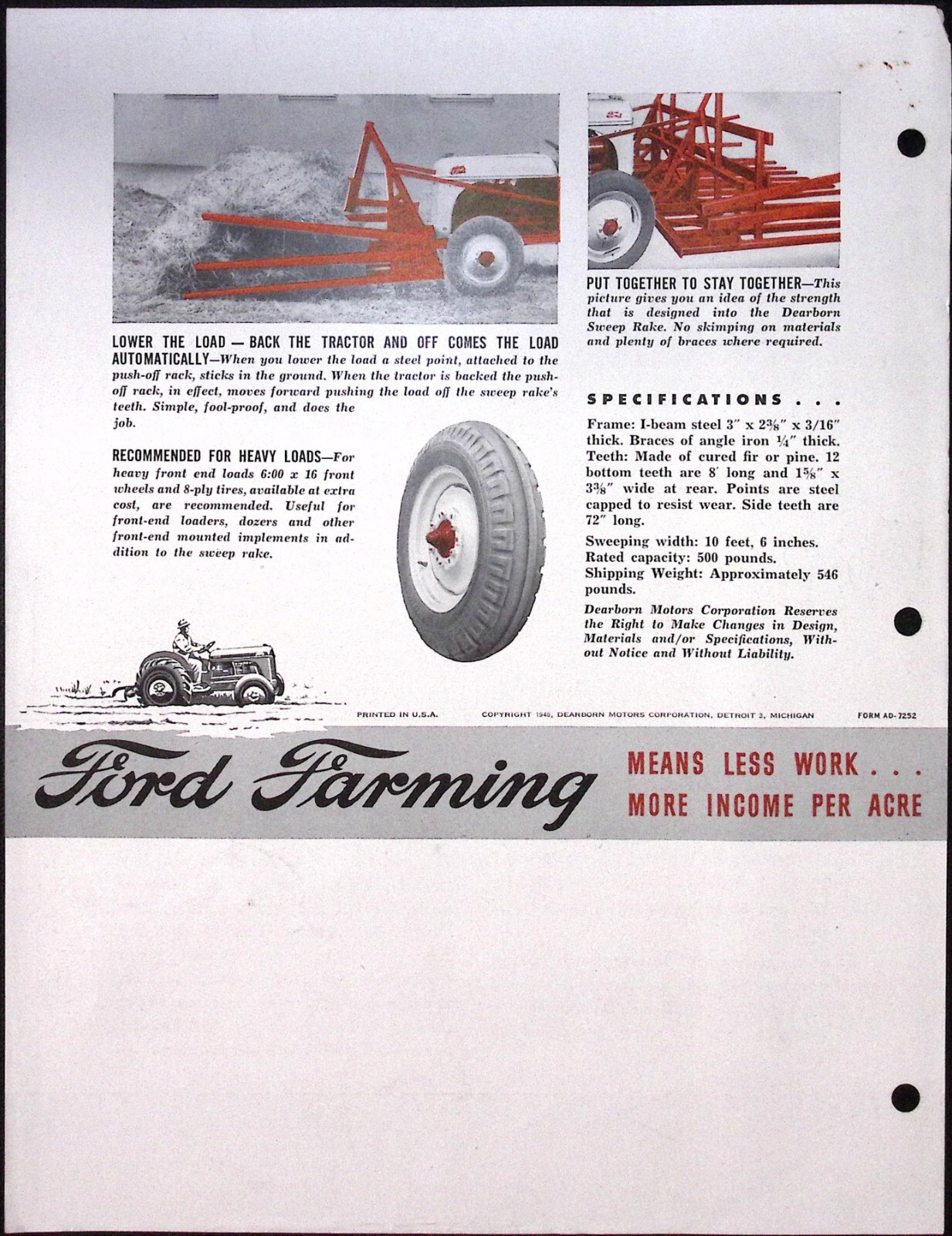 1954 Dearborn Farm Equipment Sweep Rake Dealer Brochure & Diagram