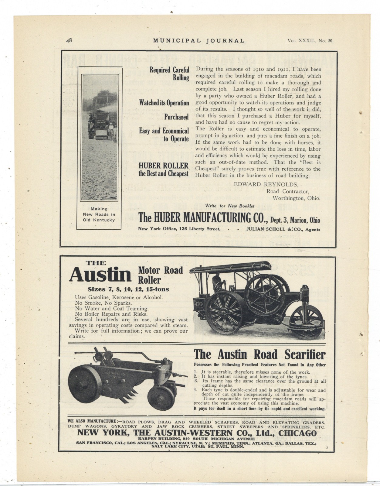 1912 Road Machinery Ads on 1 Pg: Huber & Austin Road Rollers & Road Scarifier