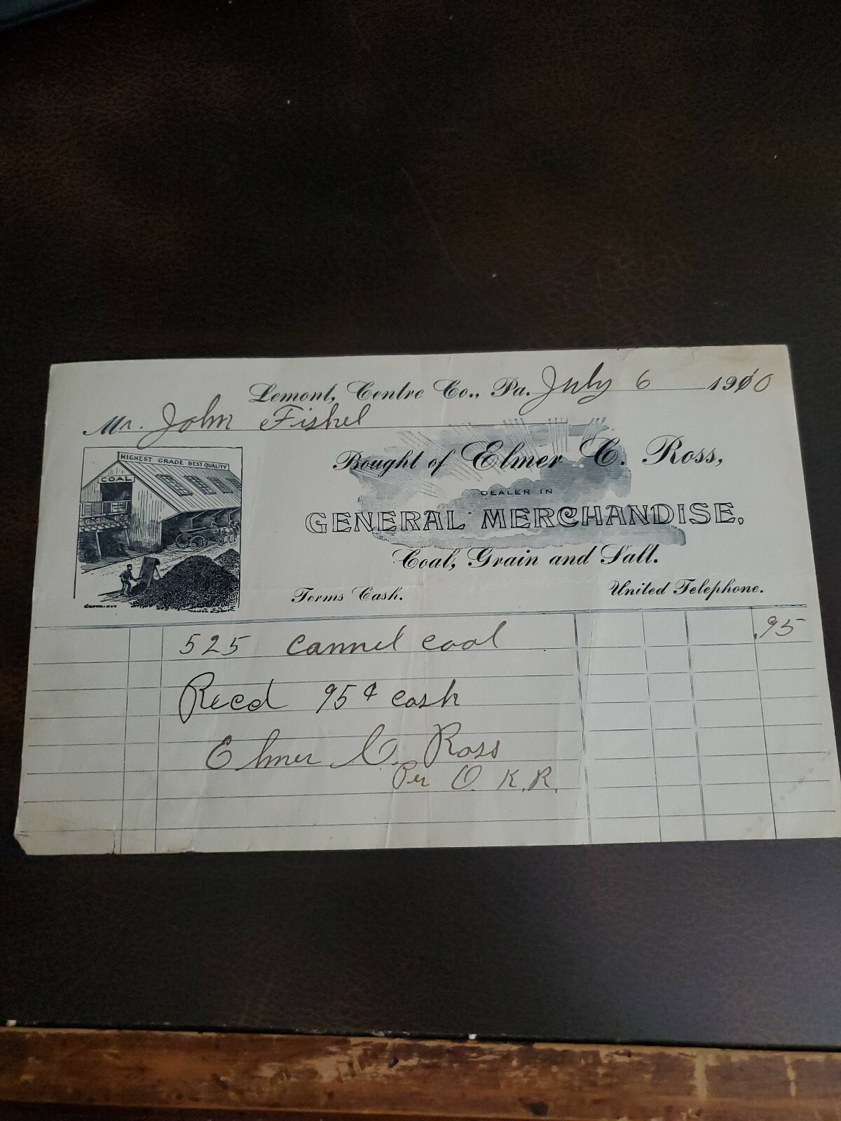 Vntg 1900s Lemont Pa Centre Co Elmer Ross General Store Recpt Coal Grain Salt
