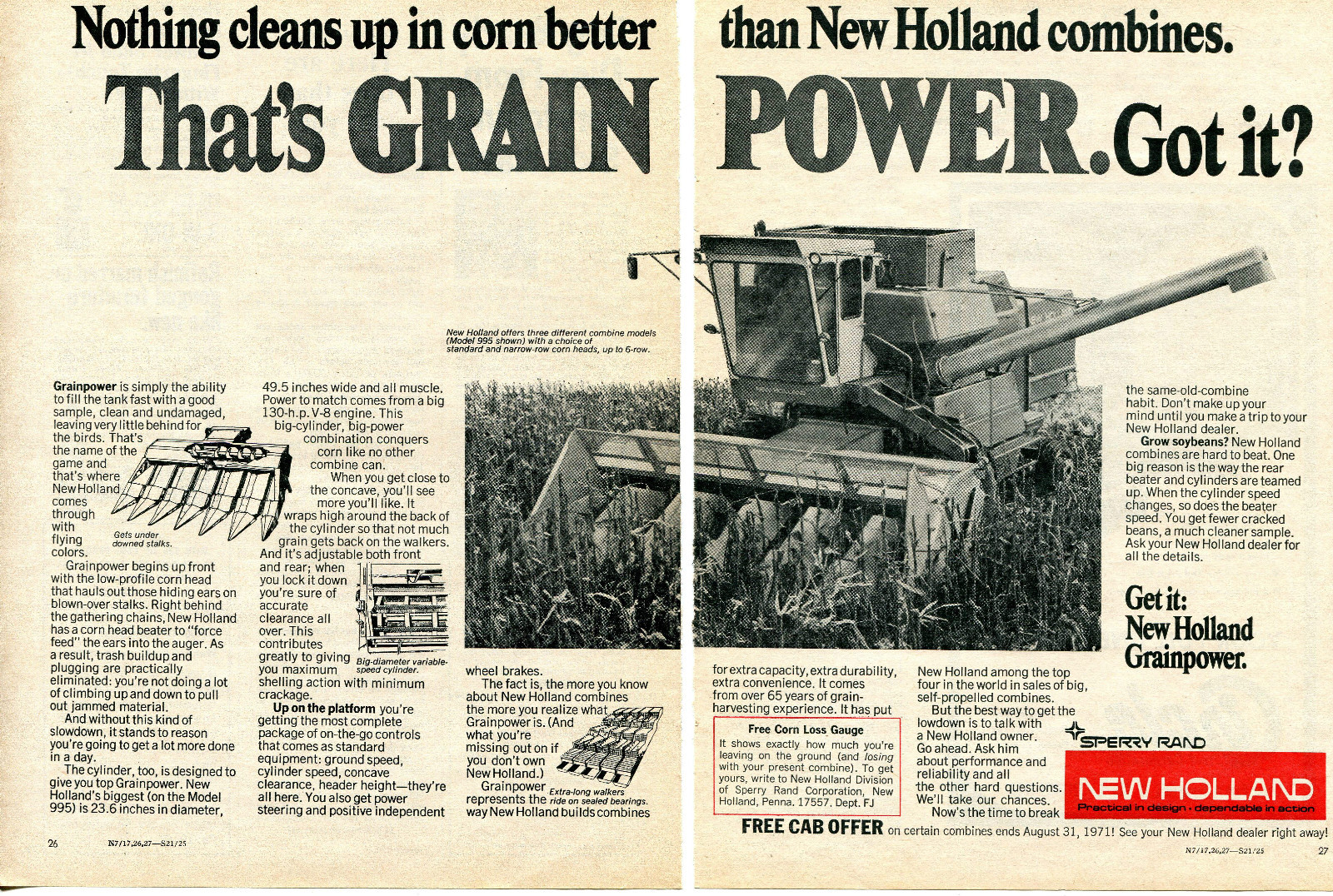 1971 2pg Print Ad of Sperry Rand New Holland Grainpower 995 Combine Farm Tractor