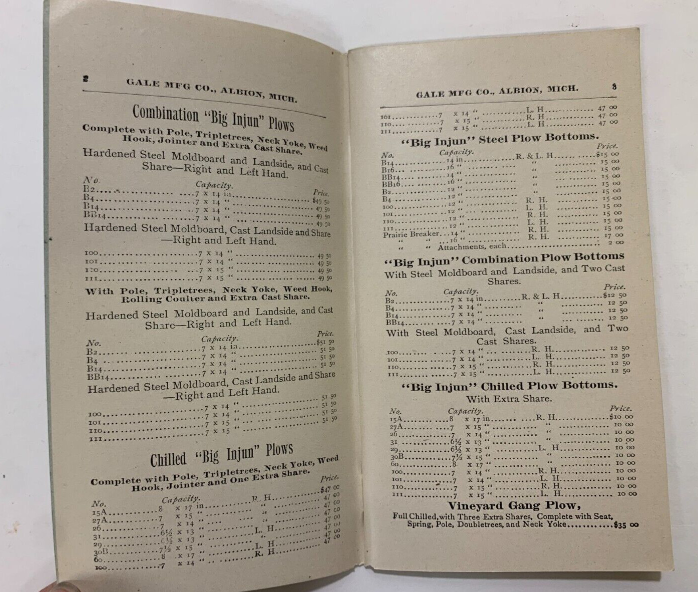 Price List GALE PLOWS Injun Series, Cultivators, Rades, Harrows. Albion, MI 1893