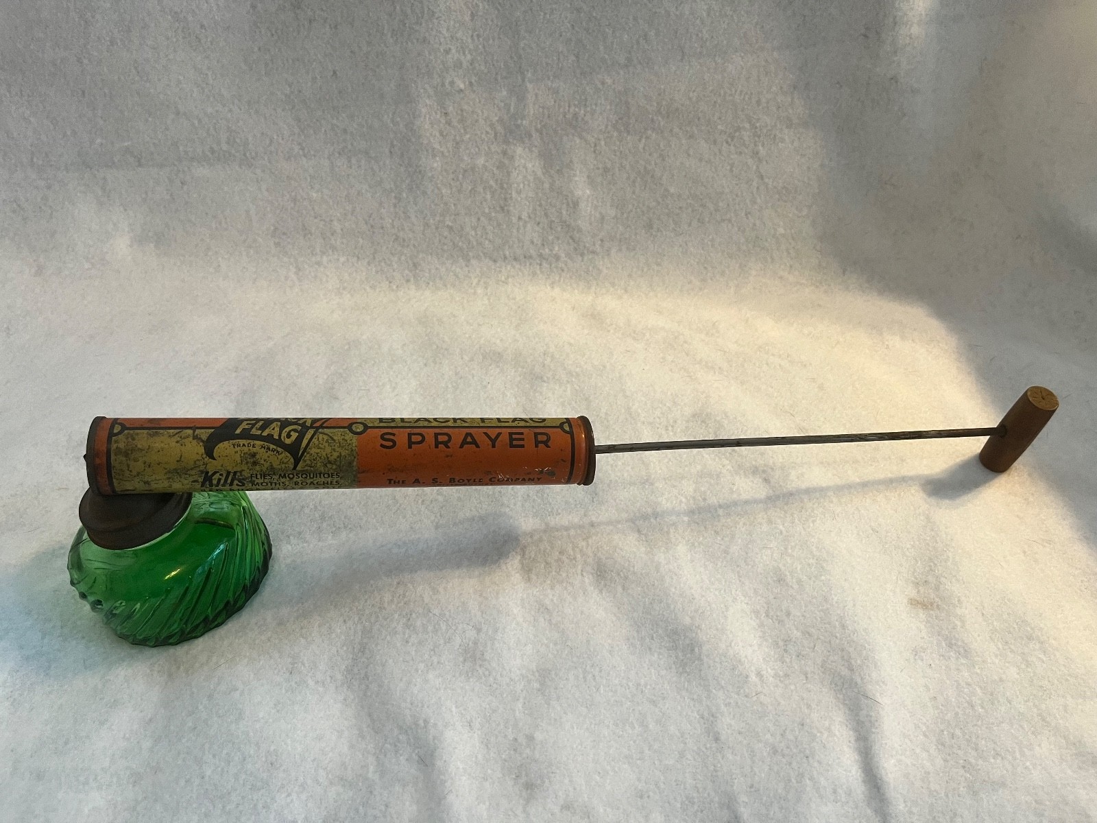 Vintage Black Flag Pump Sprayer With Green Glass Bowl