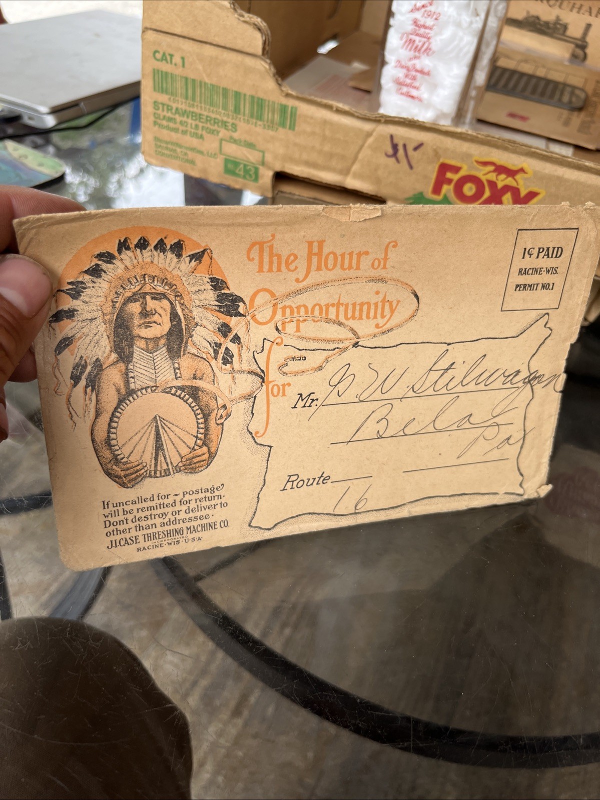 Antique J.I. Case Steam Tractor Engine Envelope, Bela Pa. Clarion Co., Indian