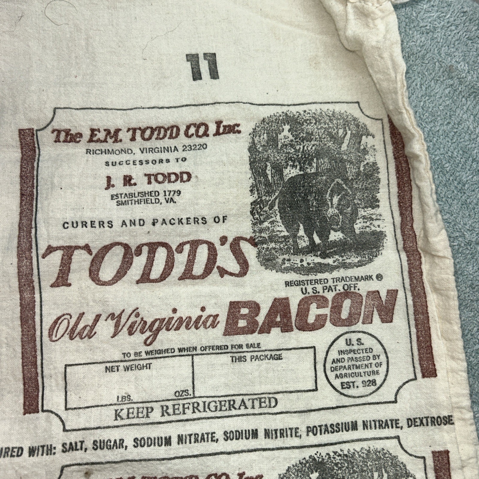 Vintage E.M. Todd CO. Inc Old Virginia Bacon Cover With Cooking Instructions